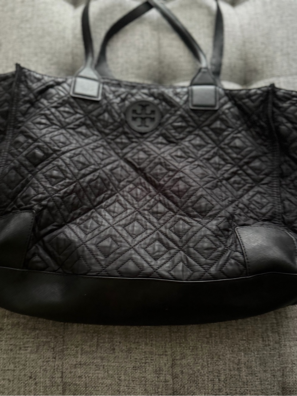 Tory Burch Black Quilted Nylon Tote with Leather Trim
